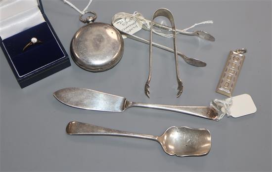 A group of small silver including a butter knife, ingot pendant, sugar tongs and a pocket watch and a 9ct gold ring.
